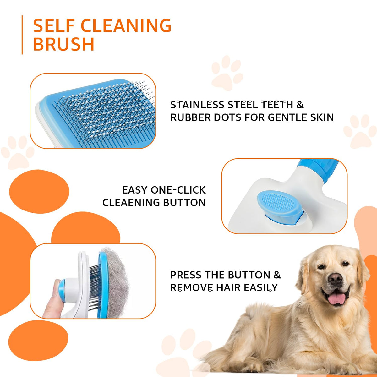 Self-Cleaning Slicker Brush for Dogs & Cats | One-Click Hair Removal