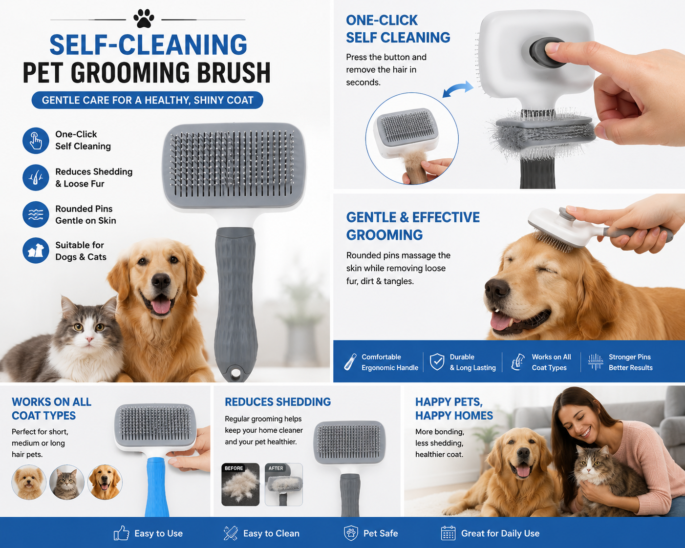 Self-Cleaning Slicker Brush for Dogs & Cats | One-Click Hair Removal